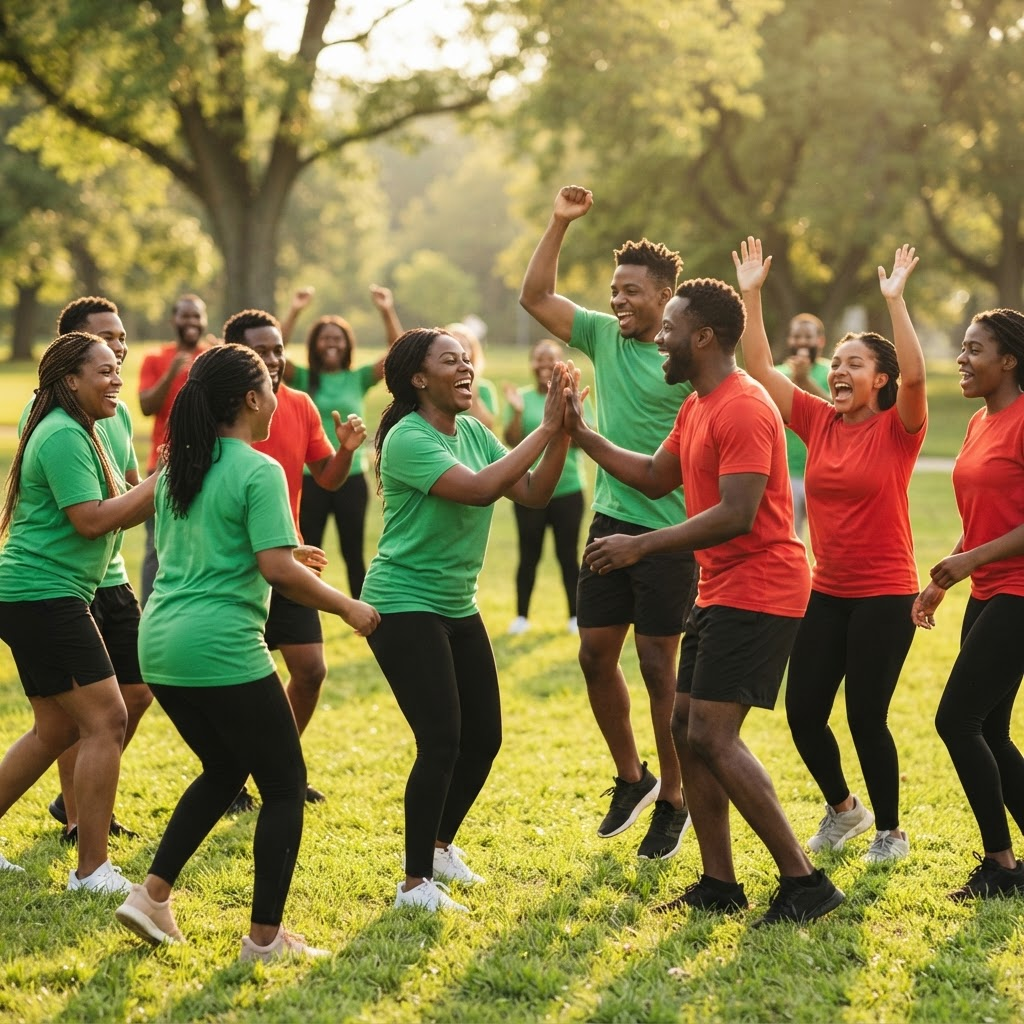 Equipas em atividade de team building, camisolas verdes e vermelhas, a celebrar em conjunto